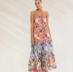 Cosita Linda NWT Irresistibly Tropical Tiered  Dress  Medium Blue/Pink Palms